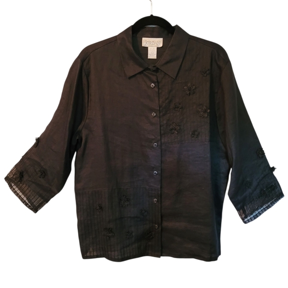 Jordan Black Linen Button-up Blouse 3/4 Sleeves Beaded Lace Floral Appliques L - Picture 1 of 12
